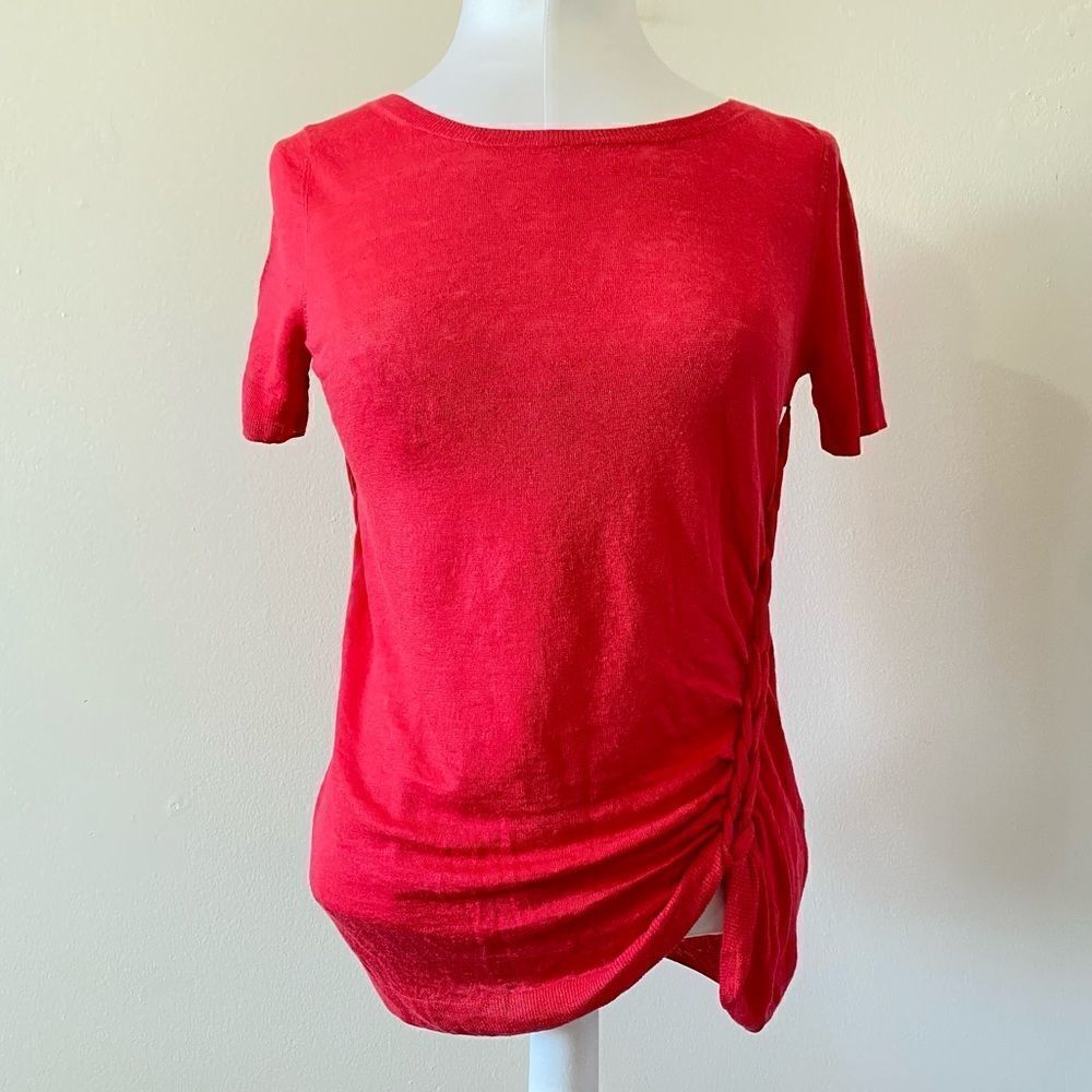 Theory Red Short Sleeve Ruched Side Tee